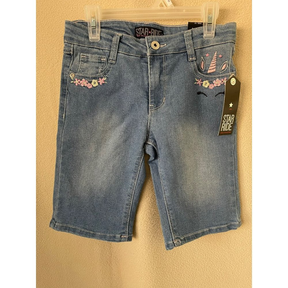 Star * Rule Girls Light Wash Unicorn & Flowers Embroidered Pocket Shorts